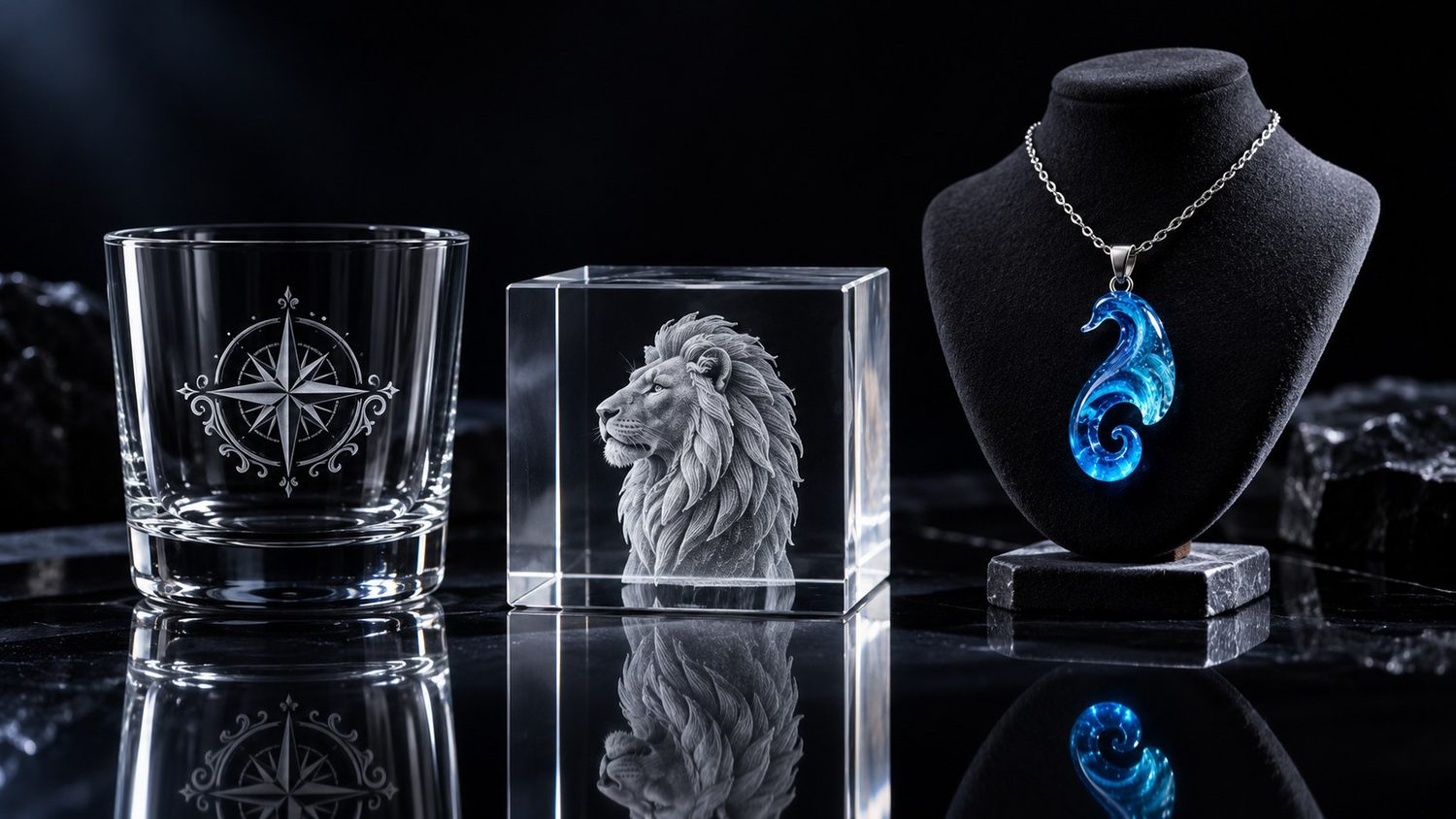 Laser-engraved frosted tumbler and crystal pendant