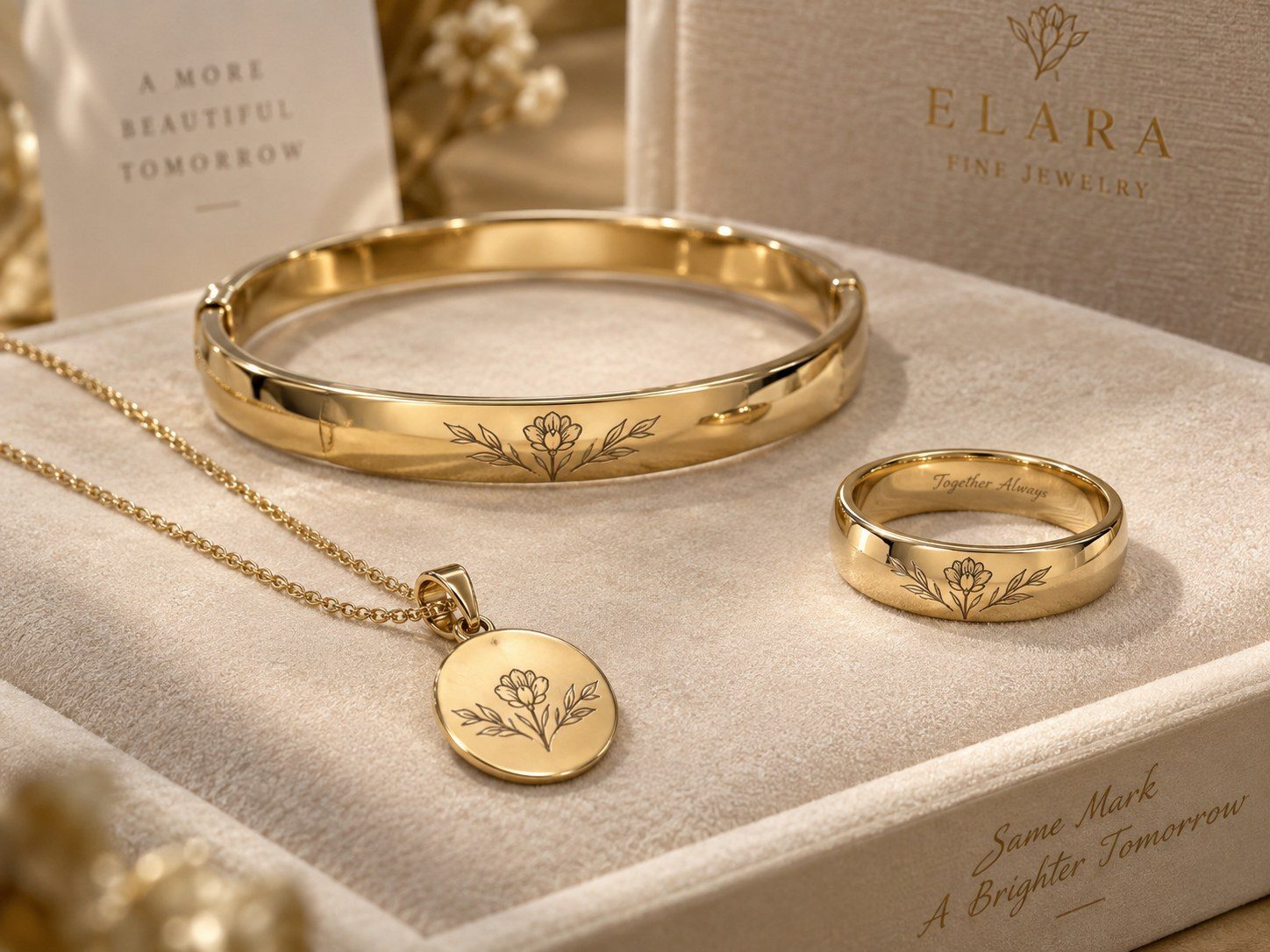 Gold bangle, pendant and ring set laser engraved